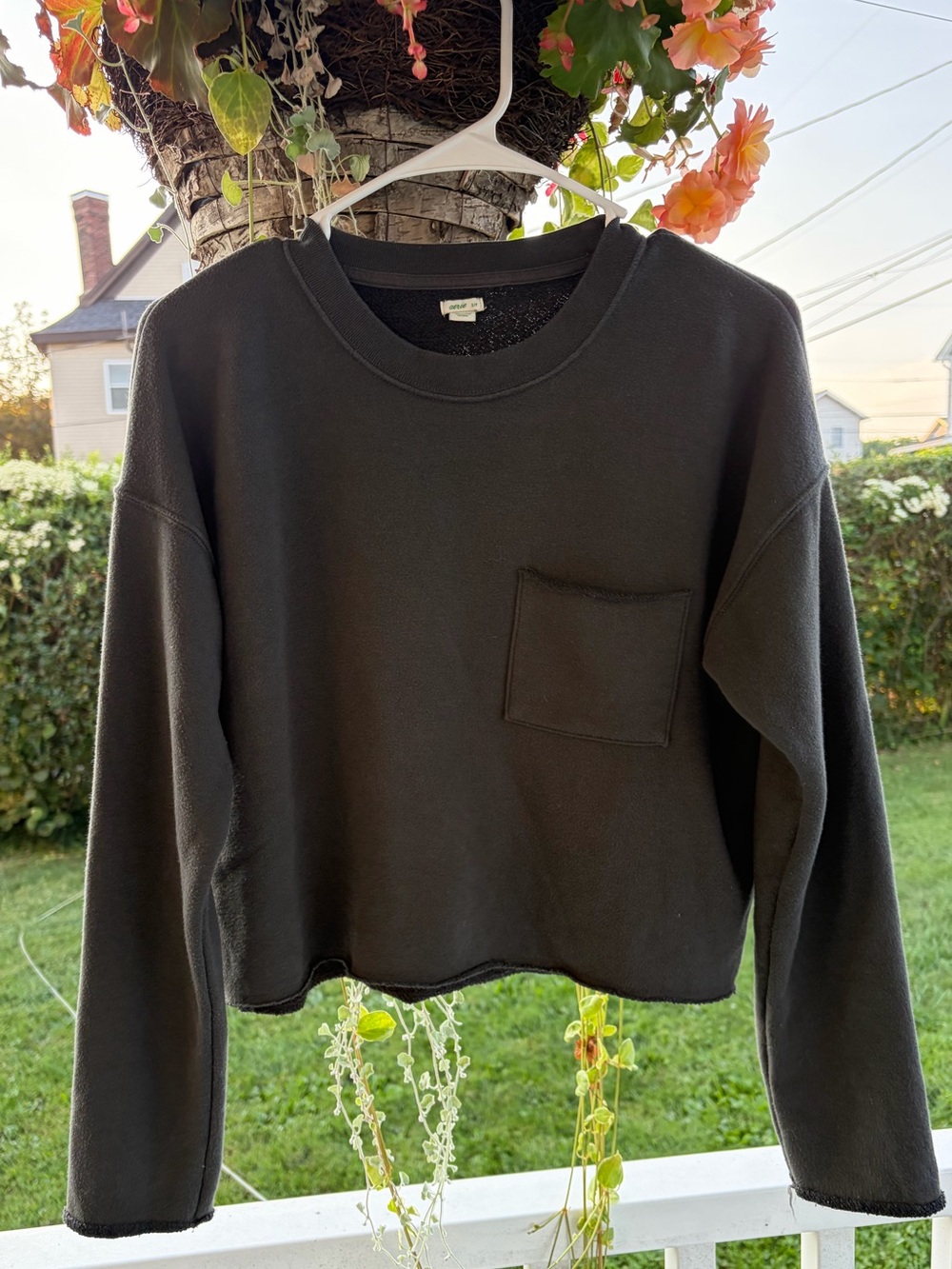 aerie Black Cropped Crewneck Sweater with Chest Pocket
